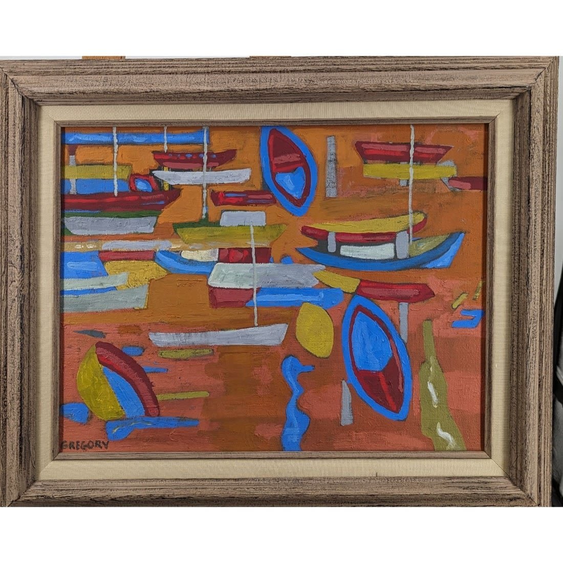 New York / Florida Artist Bruce Gregory 1917-2002 Abstract Painting Signed Estate Fresh: WWW.BRUCEGREGORY.COM. Prov: Directly From The Artist Estate || New York / Florida Artist Bruce Gregory 1917-2002 Abstract Painting Signed. TITLED: "Orange Lake". Measures approx. 19" x 23” frame