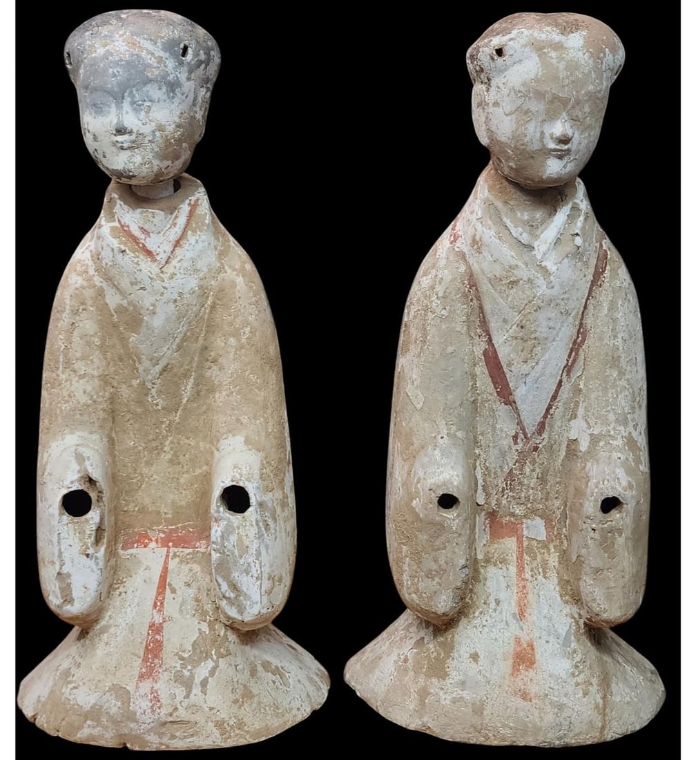A Pair Of Chinese Han Dynasty Attendants / Terra Cotta With Polychrome Figures (1 of 1)