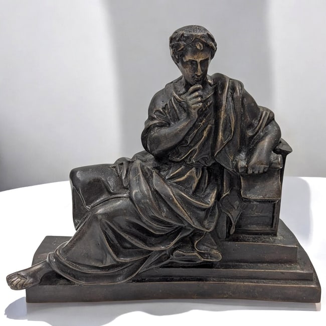 An Old Spelter Sculpture Of Greek Philosopher Aristotle: An Old Spelter Sculpture Of Greek Philosopher Aristotle. Provenance: Life Long Florida Dealers Collection. Measures approx. 10" X 11 1/2". Please copy and paste the URL link below to review o