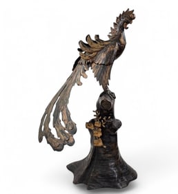 A Two Piece Bronze Figure Of A Bird, Likely A Phoenix Approx. 32" Tall