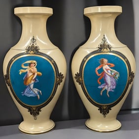 Pair Of Hand Painted Old Paris Porcelain Vases With Gilt Detailing