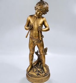 French Sculpture Signed A Moreau Figure Of A Boy 30" Tall W/ Foundry Mark