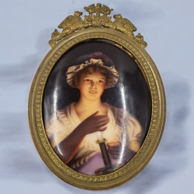 Painted Enamel On Porcelain Oval Plaque, Portrait Of Woman W/ Candlestick