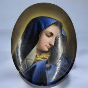 "Madonna In Blue" After Titian, Painted Porcelain Italian Oval Plaque