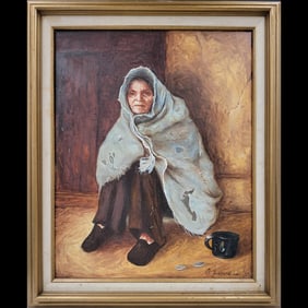 Artist Signed Oil On Board Portrait Of Old Woman