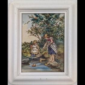 Framed Vintage Hand Painted Porcelain Plaque Depicting Two Children