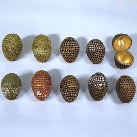 Lot Of 10 Gilt Metal Kathmandu Easter Ornament Egg Box Trinkets Inlaid With Semiprecious Stone