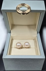 A Pair Of Fine 10MM Akoya Pearl And 18K Gold Stud Earrings With Case