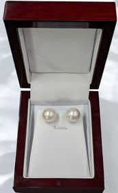 A Pair Of Fine 15MM South Sea Pearl And 18K Gold Stud Earrings In Case