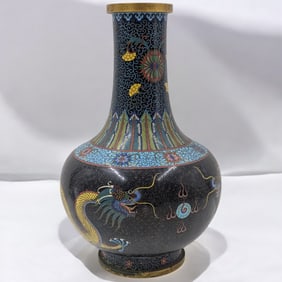 A Very Fine Antique Chinese Black Five-Clawed Dragon Cloisonne Vase