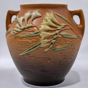 Vintage 1940s Roseville Pottery Freesia Brown Two-Handled Jar