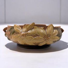 Large Vintage Roseville Pottery Clematis Two-Handled Bowl