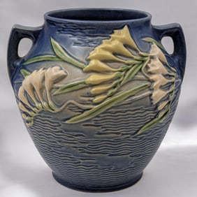 Vintage Roseville Pottery Blue Freesia Two-Handled Jar