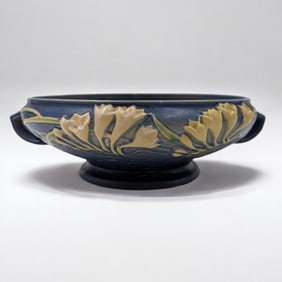 Vintage Roseville Pottery Blue Freesia Two-Handled Compote Dish