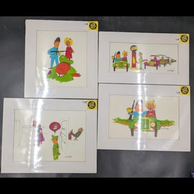 Lot Of 4 Signed Jon Henry (American, 1916-1990) Original Ink And Watercolor Paintings On Board