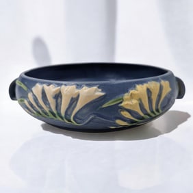 Vintage Roseville Pottery Blue Freesia Two-Handled Bowl
