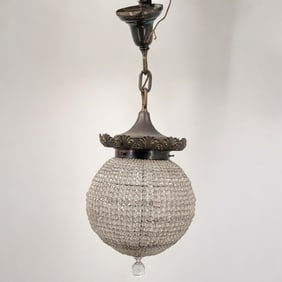 Vintage French Style Beaded Crystal And Bronze Spherical Hanging Lamp