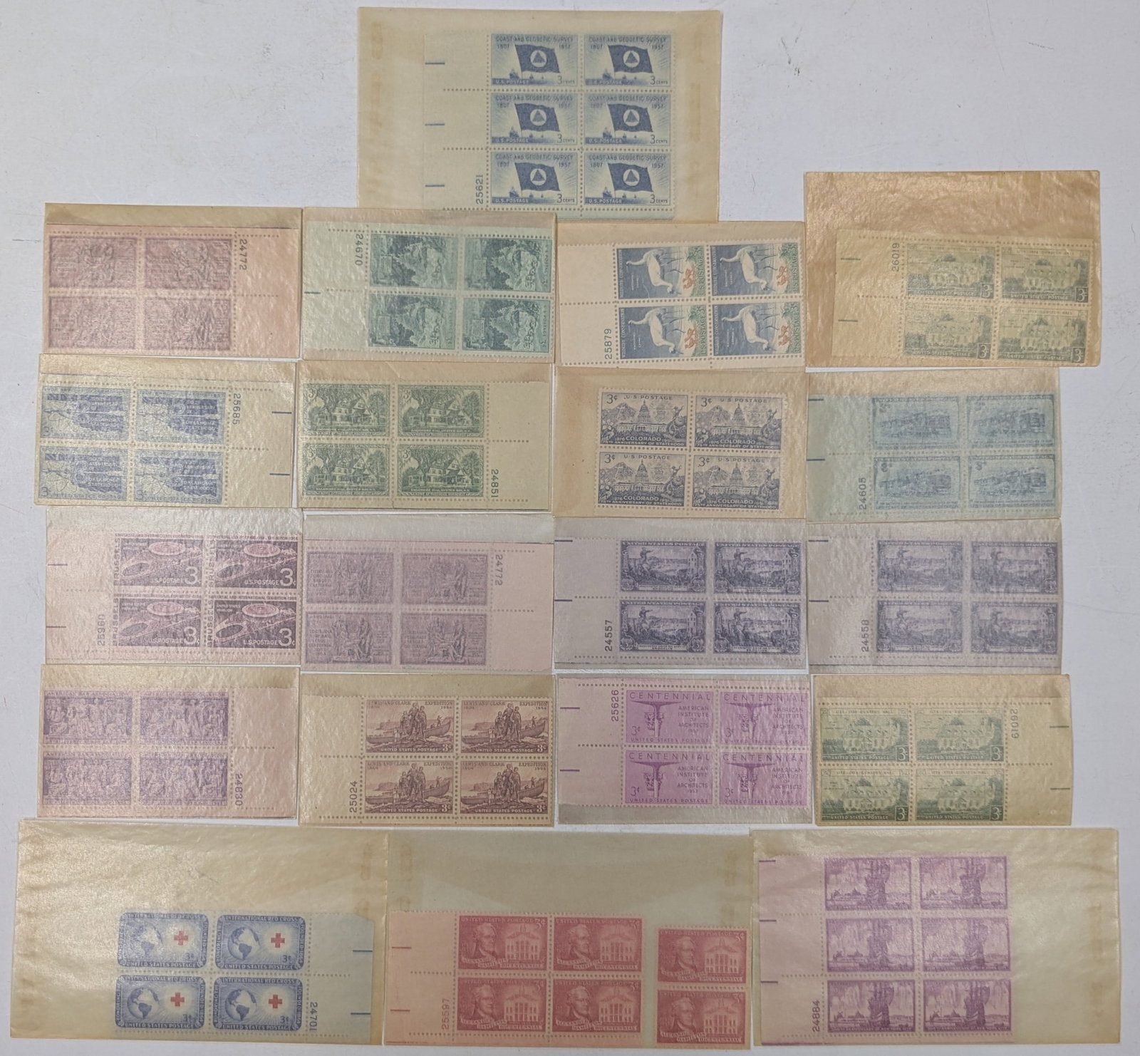 A Fine Lot Of 1950s Unhinged 3-Cent Stamp Blocks, 20 Blocks: A Fine Lot Of 1950s Unhinged 3-Cent Stamp Blocks, 20 Blocks. Please note that there are some repeats, please see pics. Please copy and paste the URL link below to review our Terms and Condit