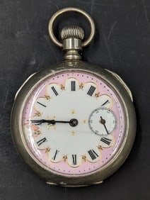 Vintage Dueber Silverine Women's Open Face Pocket Watch With Pink Enamel