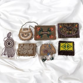 Lot Of 7 Late 18th / Early 19th Century Native American Beaded Leather Bags And Necklace