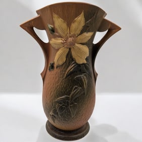 A Large Vintage Roseville Pottery Brown Clematis Two-Handled Vase 114-15"