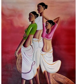 Oil On Canvas Titled "Fisherwomen" With COA, Attributed To B. Prabha