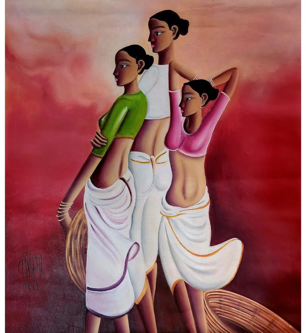 Oil On Canvas Titled "Fisherwomen" With COA, Attributed To B. Prabha: ***We at RBFineArts can only attribute this work to the artist, We are not an authentication service. We can only declare the work as attributed to*** Oil On Canvas Titled "Fisherwomen" With COA Attri
