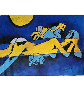 Maqbool Fida Husain Acrylic On Canvas Untitled With COA: ***We at RBFineArts can only attribute this work to the artist, We are not an authentication service. We can only declare the work as attributed to*** Maqbool Fida Husain Acrylic On Canvas Untitled Wi