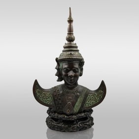 Fine 19th C Bronze Of Thai King On Wood Stand Life Size With Inlays