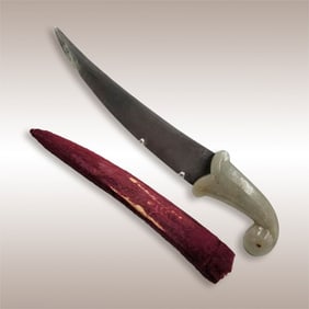 Antique Mughal Jade Dagger With Damascus Blade, Ruby, And Traces Of Gilt