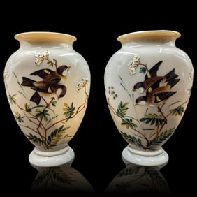 Pair Of 19th Century Hand Painted Vases With Bird And Floral Design