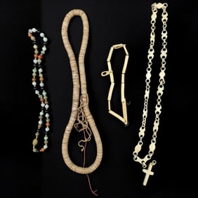 Lot Of 3 Vintage Bone Carved Necklaces + Jade Beaded Necklace