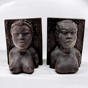 Vintage Tribal African Carved Hardwood Female Bust Bookends