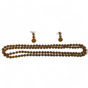A Fine Old Chinese Butterscotch Amber? Prayer Bead Necklace And Pair Of Earrings