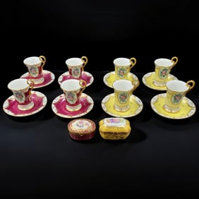 Limoges France Hand Painted Porcelain Tea Set & Trinket Boxes Signed E.G., 18 Pieces