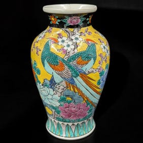 Early 20th Japanese Painted Enamel Porcelain Vase Decorated With Birds, Stamped "Made In Japan"