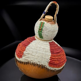 An Old African Beaded Gourd Vessel / Rattle Bottle