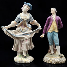 Pair Of Porcelain Courting Figures, Marked "N" With Crown