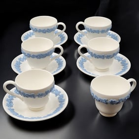 Wedgwood Of Etruria & Barlaston Embossed Queen's Ware Demitasse & Saucers, 11 Pieces