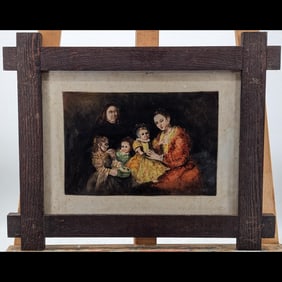 An Old Framed European Family Portrait Painted On Tile, Rembrandt Style
