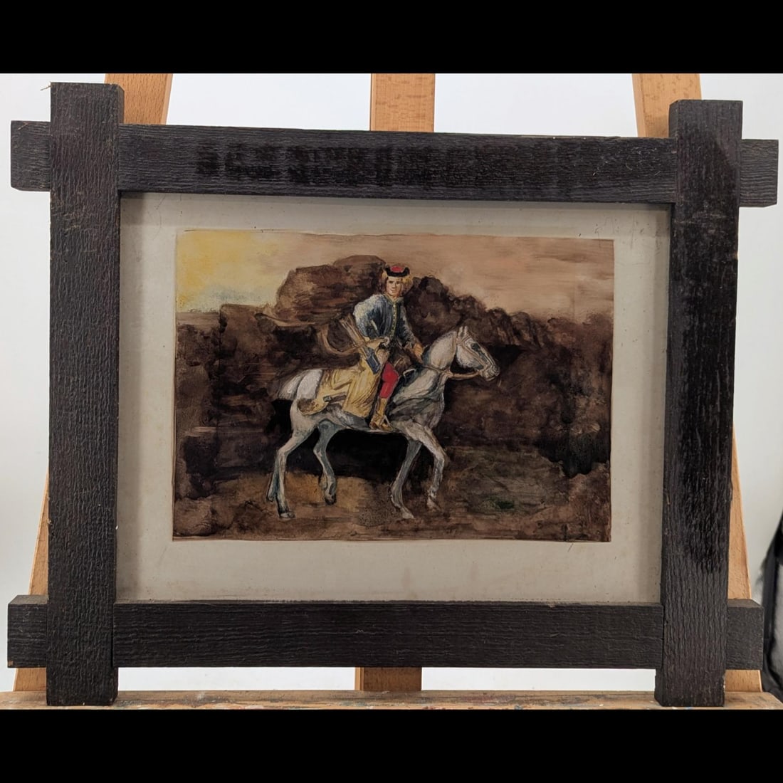 An Old Framed Painting On Tile "The Polish Rider", After Rembrandt: An Old Framed Painting On Tile "The Polish Rider", After Rembrandt. Please note that there are stains and marks on this piece, please see pics. Measures approx. 16 1/2" X 21", Sight measures approx. 1