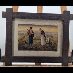 An Old Framed European Painting On Tile