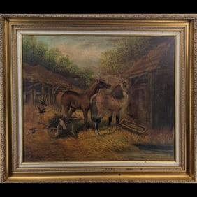 Large Artist Signed Oil On Canvas Scenic Horse Painting