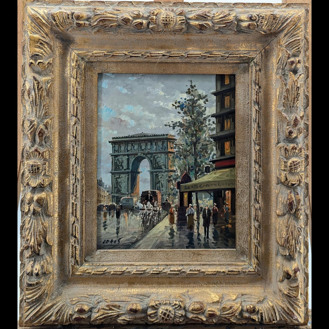 Paris Street Scene On Masonite, Signed "Coros": Paris Street Scene On Masonite, Signed "Coros". Measures approx. 17" X 15", Sight measures approx. 9 1/2" X 7 1/2". Please copy and paste the URL link below to review our Terms and Conditi