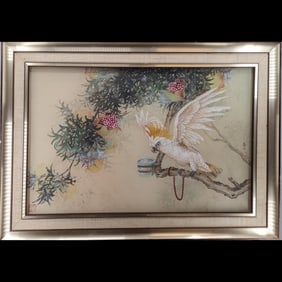 Large Japanese Cockatoo And Flora Painting On Silk With Calligraphy And Seal Marks