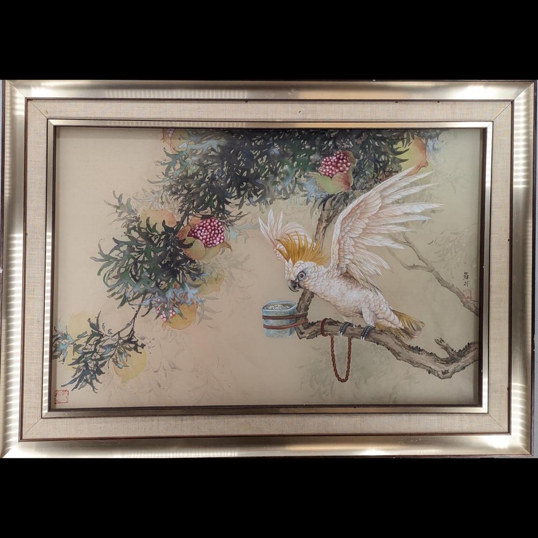 Large Japanese Cockatoo And Flora Painting On Silk With Calligraphy And Seal Marks: Large Japanese Cockatoo And Flora Painting On Silk With Calligraphy And Seal Marks. Measures approx. 30 1/2" X 42 1/2". Please copy and paste the URL link below to review our Terms and Con