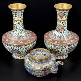 A Pair Of Chinese Cloisonné Vases & Ornate Teapot