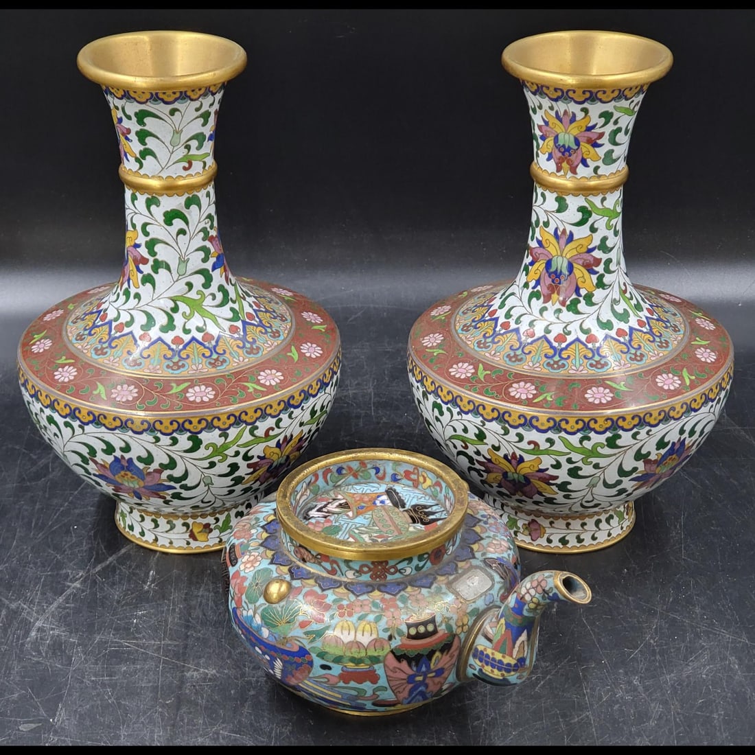 A Pair Of Chinese Cloisonné Vases & Ornate Teapot (1 of 18)