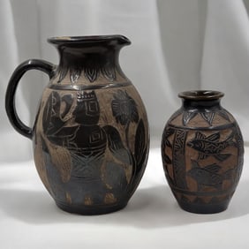 A Pair Of Antique Japanese Okinawa Shimabukuru Carved Jug & Vase
