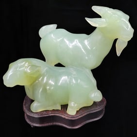 Hand Carved Jade Goat Figure On Wood Stand